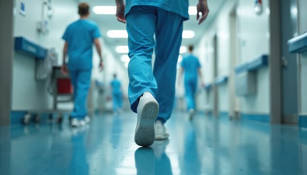 Medical staff in blue scrubs walk down a bright hospital hallway. Professionals move on duty through clean wards, focused on patient care and well-being. Healthcare workers perform vital tasks daily.