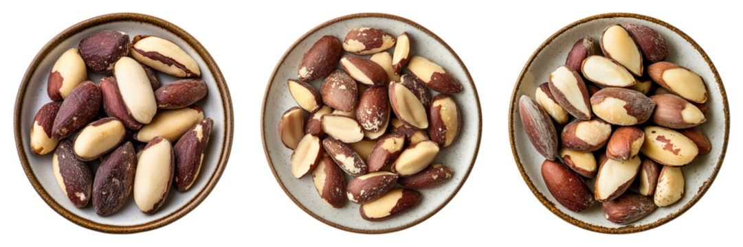 A high-angle shot featuring three small bowls filled with Brazil nuts, each bowl showcasing a different arrangement of these nutritious snacks. The nuts have a mix of brown and beige tones