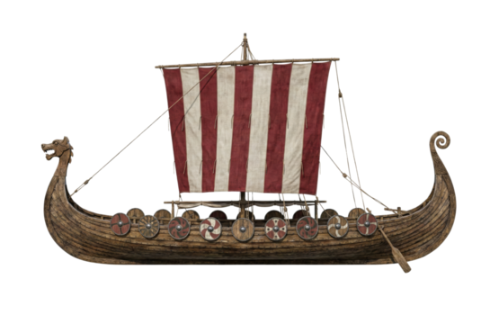 Wooden Viking longship with red and white striped sail