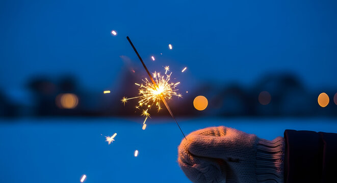 Sparkler in the Night: Close-up shot of a hand holding a sparkling sparkler against a twilight sky, creating a magical atmosphere and evoking feelings of celebration and joy.