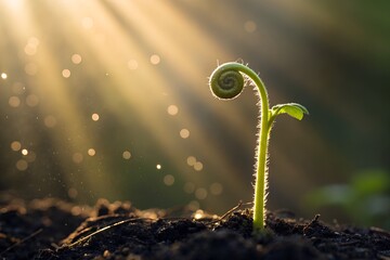 Tender fern sprout unfolding in warm sunlight. Natural symbol of growth, renewal and life emerging from rich soil in a serene forest atmosphere.