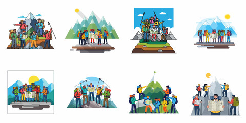 Vector set of hiking and trekking groups on mountain adventures, using maps for navigation and celebrating teamwork success.