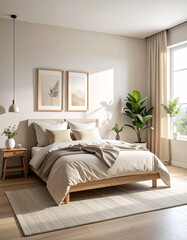 Fototapeta premium Transforming a natural light neutral bedroom home interior design serene atmosphere inviting aesthetic