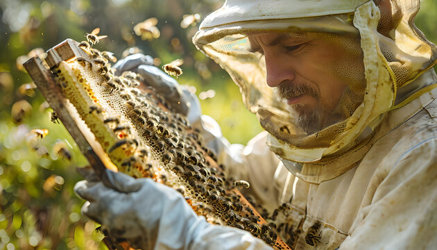 Close up professional beekeeper in protective suit inspecting wooden honeycomb frame covered in bees at sunny apiary farm with flying insects bokeh background