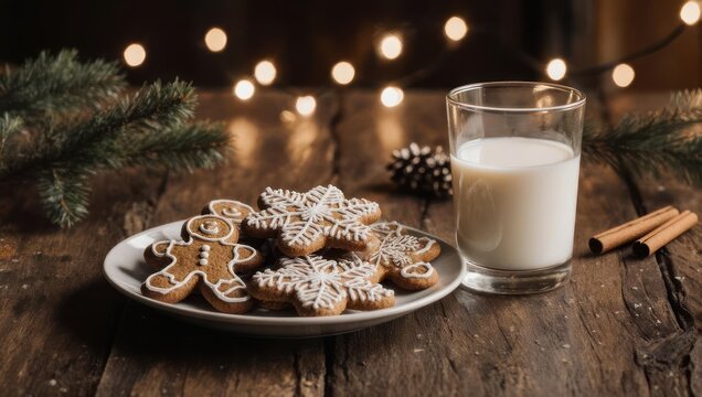 Festive Christmas Gingerbread Cookies with Milk and Cinnamon Sticks.