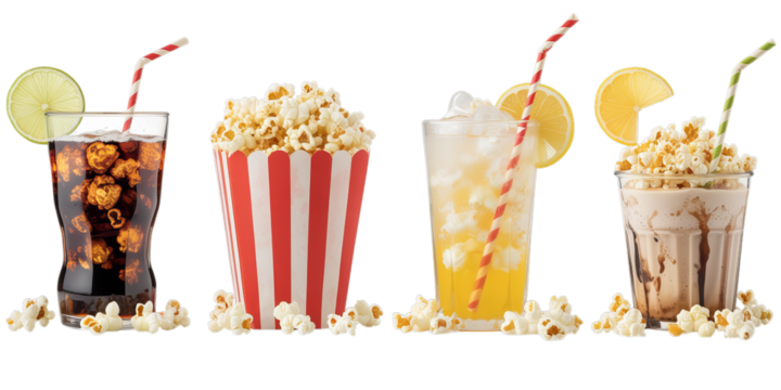 A vibrant assortment of classic cinema snacks, including refreshing beverages and popcorn, is arranged against a clean white background.