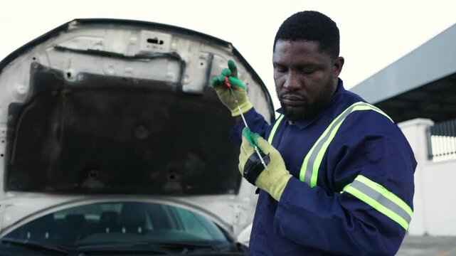 African mechanic checking a car engine oil level with the dipstick