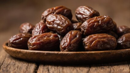 Obraz premium Pile of Medjool Dates on a Wooden Plate, Close-Up.