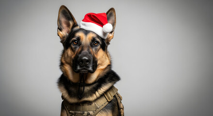 Holiday Canine: A regal german shepherd dons a festive santa hat, embodying the spirit of the season. a perfect blend of holiday cheer and the timeless bond between man and dog.