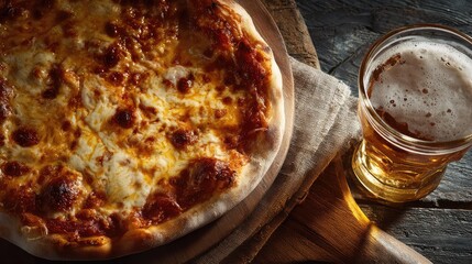 Delicious hot pizza with melted cheese on a wooden board, served alongside a chilled amber beer in a rustic setting for food lovers and dining enthusiasts