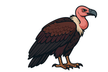 A detailed illustration of a predatory vulture with a pink head and dark brown feathers standing alert on a white background