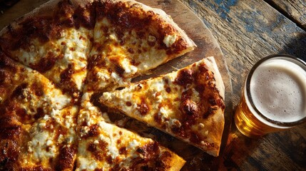 Delicious freshly baked pizza on a wooden board with a slice removed next to a refreshing glass of beer in atmospheric warm lighting setting