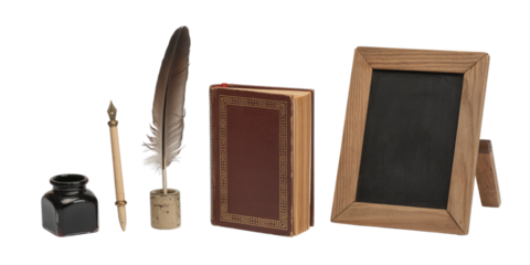 A vintage quill pen, inkwell, dip pen, antique book, and wooden frame are neatly arranged on a white background, evoking a sense of history and classic literature.