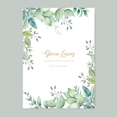 Watercolor green leaf background and template.used wedding birthday and funeral invitations