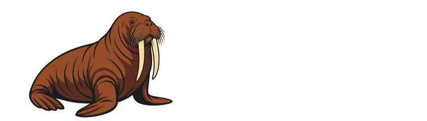 A detailed illustration of a large brown walrus with prominent tusks sitting upright on a white background showcasing its unique features