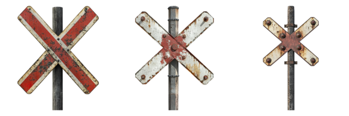 Set of three railway crossing warning signs with rustic textures, against a backdrop. Each sign features the iconic crossbuck design, signaling a railway crossing.