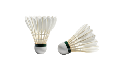 Two transparent feathered badminton shuttlecocks (birdies), macro studio product shot on a reflective white surface with copy space, Concept of active lifestyle and precision