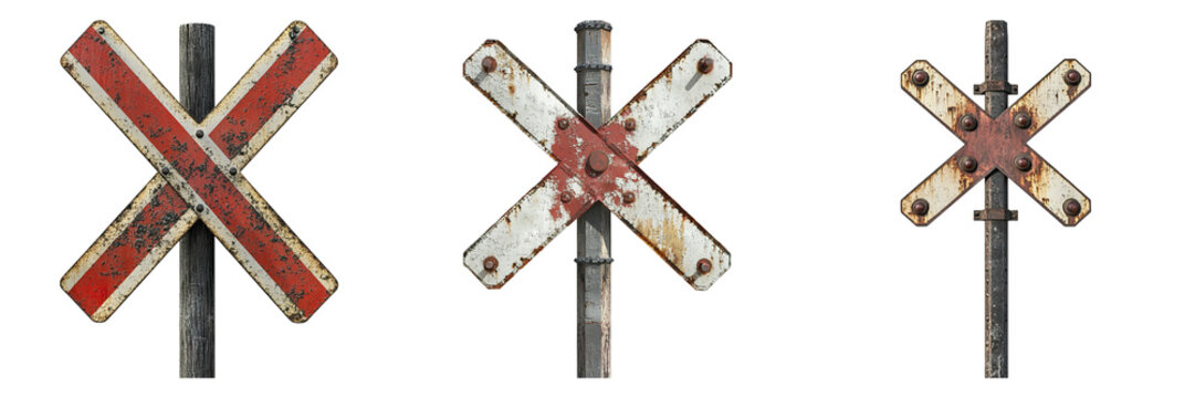 Set of three railway crossing warning signs with rustic textures, against a backdrop. Each sign features the iconic crossbuck design, signaling a railway crossing.