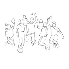 One continuous line drawing on white isolated background. Minimalism linear illustration. student, friends, group, success, joy, people, college, exam, university, education