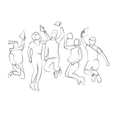 One continuous line drawing on white isolated background. Minimalism linear illustration. student, friends, group, success, joy, people, college, exam, university, education