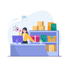 Flat shopping illustration. Buyers transact with store employees. payment at the cashier to be paid.