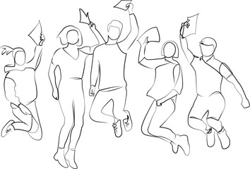 One continuous line drawing on white isolated background. Minimalism linear illustration. student, friends, group, success, joy, people, college, exam, university, education