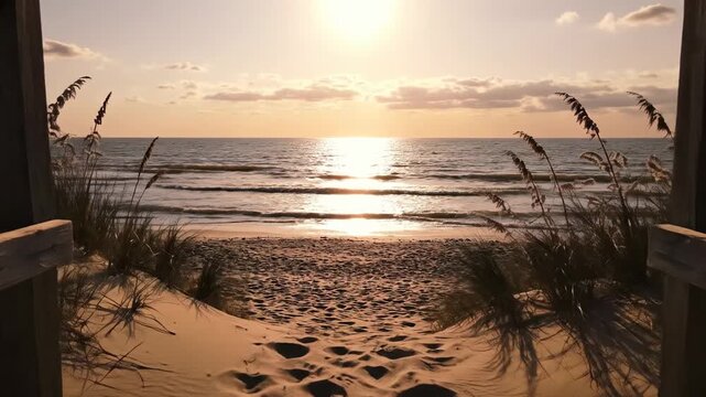 Path through sand dunes with sea oats leads to serene ocean beach at golden hour sunset, tranquil