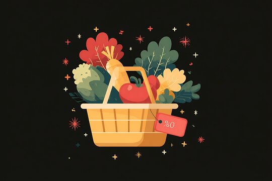 A vibrant flat illustration of a shopping basket filled with fresh vegetables and a discount tag, set against a dark background.
