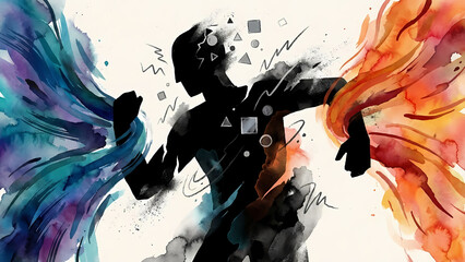 Silhouette figure torn between contrasting turquoise orange forces visualizing inner conflict psychological struggle duality