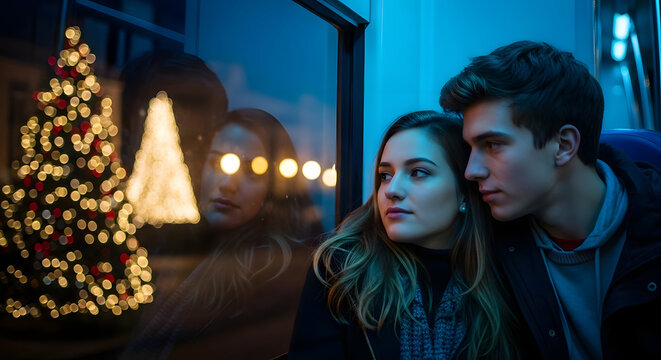 Christmas Serenade: A tender couple shares a quiet moment together, gazing out a window, while a festive Christmas tree twinkles in the background. - Powered by Adobe