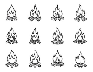 A collection of twelve simple, hand-drawn illustrations of bonfires. Each showcases flames atop a pile of logs, offering a variety of flame shapes