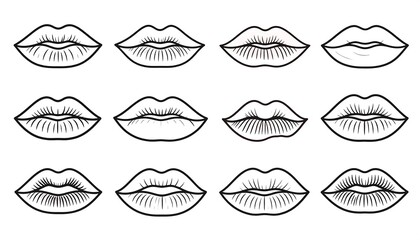 A collection of twelve stylized, black and white illustrations of lips showcasing diverse shapes and expressions