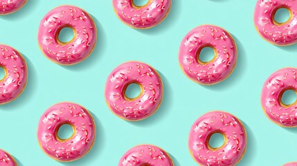 Fototapeta premium Colorful Pink Donuts with Sprinkles on Turquoise Background, Perfect for Sweet Treats, Desserts, Bakery Themes, and Food Aesthetics for Inspiration