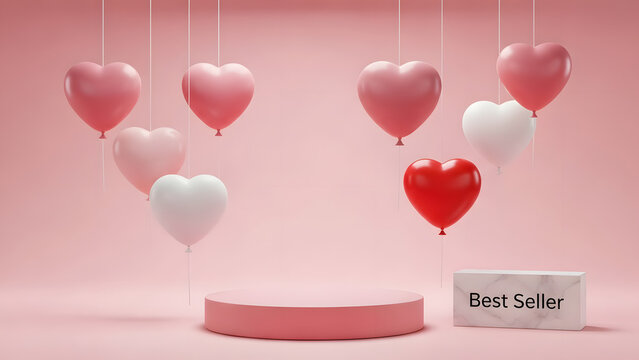 Pink and red heart shaped balloons floating above a podium with a best seller sign - Powered by Adobe
