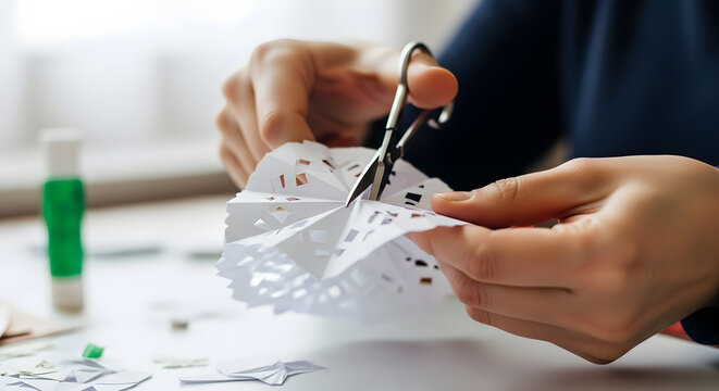 Artisan's Delicate Touch: Close-up of hands meticulously cutting paper, showcasing artistic skill and attention to detail. 