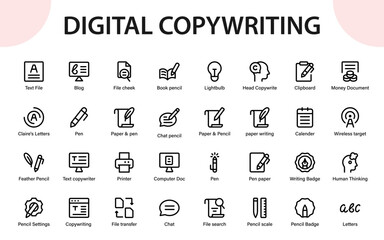 Digital Copywriting icons. writing tasks, notes, drafts, planning, and polished content creation icon set.