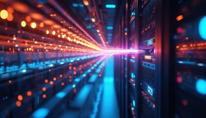 Fiber optic cables transmit glowing data streams to server hardware in modern datacenter. High speed information transfer represents network connection, internet communication. Abstract tech