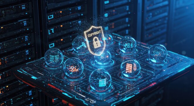Digital copyright protection concept server rack and futuristic spheres displaying data security symbols - Powered by Adobe