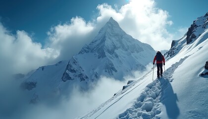 Solo hiker climbs snowy mountain peak with poles. Cold weather, blue sky, clouds surround majestic mountain landscape. Trekker ascends high altitude trail, faces winter wilderness.