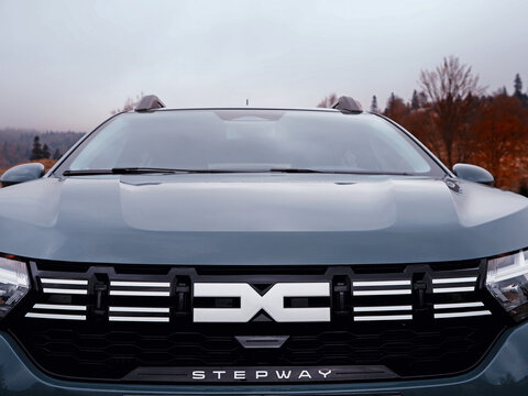 GALATI, ROMANIA - OCTOBER 30, 2025. Dacia Sandero Stepway logo, front view