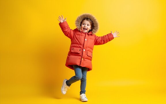 A little girl in full height in an autumn coat, down jackets and hats, rejoices in autumn. The child joyfully raises his leg with his arms outstretched to the sides. Yellow isolated background.