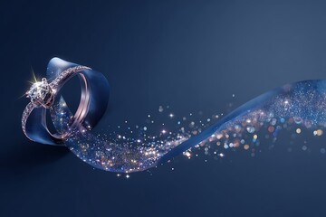 A dazzling diamond engagement ring gracefully intertwined with a flowing blue ribbon, surrounded by magical sparkling bokeh lights on a deep blue background.