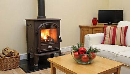 Cozy living room with a burning fireplace and Christmas decorations