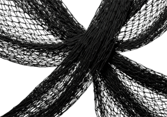 heavy gauge black nylon fishing net, tightly woven and dramatically tangled, isolated against a stark white infinity cove, concept of complexity and restriction