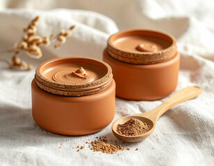 Nourishing natural clay mask application home spa beauty product serene environment close-up terracotta elegance