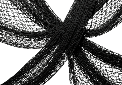 heavy gauge black nylon fishing net, tightly woven and dramatically tangled, isolated against a stark white infinity cove, concept of complexity and restriction