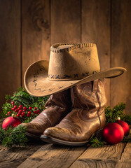 Festive cowboy christmas still life rustic cabin decorative arrangement holiday spirit close-up western charm