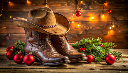 Festive cowboy boots and hat rustic cabin still life cozy interior close-up cowboy christmas
