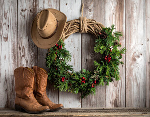Cowboy christmas celebration rustic barn still life festive decor close-up western charm