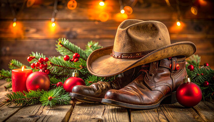 Cowboy christmas celebration rustic cabin still life festive atmosphere close-up cowboy spirit